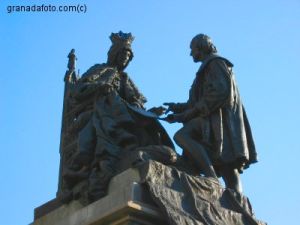 Columbus kneeling before the Spanish queen.